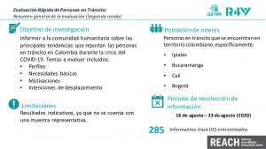 Presentación de los resultados clave de la evaluación rápida de personas en tránsito para GIFMM, Colombia – ronda 2 (agosto 2020)